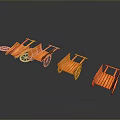 Orange Wooden Carts Three Different Sizes On Black Background With Reflections 3d model