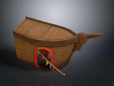 Wooden Decorative Boat Model With Curved Hull And Colorful Flags On Pole 3d model