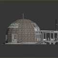 Domed Brick Building Structure With Glass Windows Wooden Deck And Green Lawn