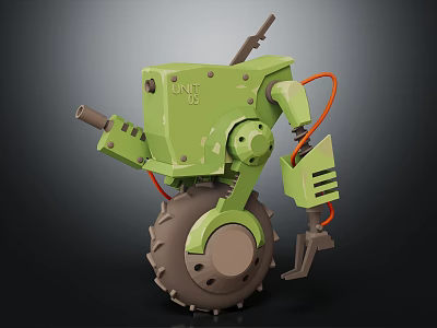 Detailed Green Robot Character With Large Wheel Cannon And Mechanical Arm UNIT 12 3d model