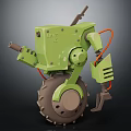 Detailed Green Robot Character With Large Wheel Cannon And Mechanical Arm UNIT 12