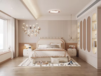 Modern Pink Kids Room Interior With Bed Chandelier Bookshelf Rug And Toys 3d model