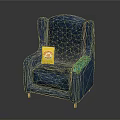 Elegant Blue Armchair With Yellow Bag And Green Cushion Accents