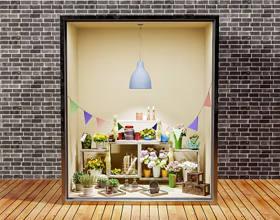 Decorated Shop Window With Blue Pendant Light Colorful Bunting Flags Shelves Potted Plants And Decorations 3d model