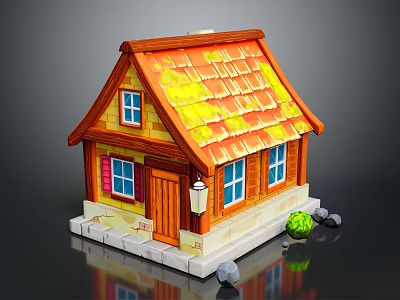 Cute Cartoon House With Orange Roof Brown Door Blue Windows White Walls And Green Bush 3d model