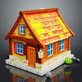 Cute Cartoon House With Orange Roof Brown Door Blue Windows White Walls And Green Bush