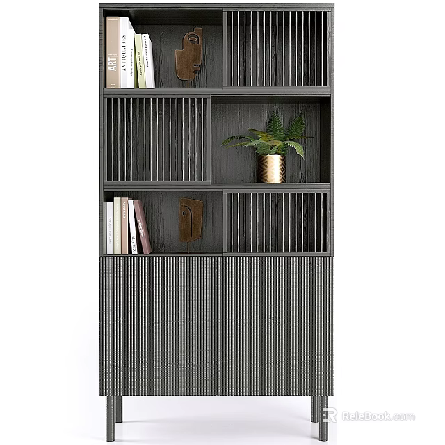 Gray Striped Storage Cabinet With Shelves Books Decorative Mask And Green Plant In Golden Pot 3d model 