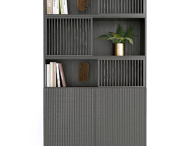 Gray Striped Storage Cabinet With Shelves Books Decorative Mask And Green Plant In Golden Pot 3d model