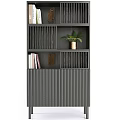 Gray Striped Storage Cabinet With Shelves Books Decorative Mask And Green Plant In Golden Pot