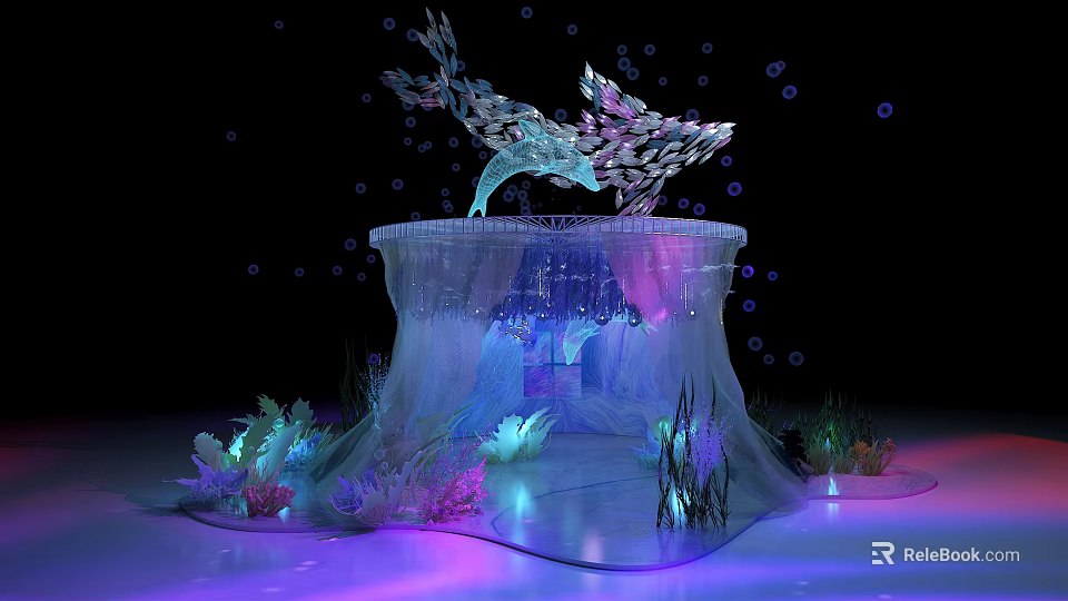 Magical Photo Spot Featuring Transparent Tree Stump Illuminated Fish Bubbles And Colorful Lights 3d model 
