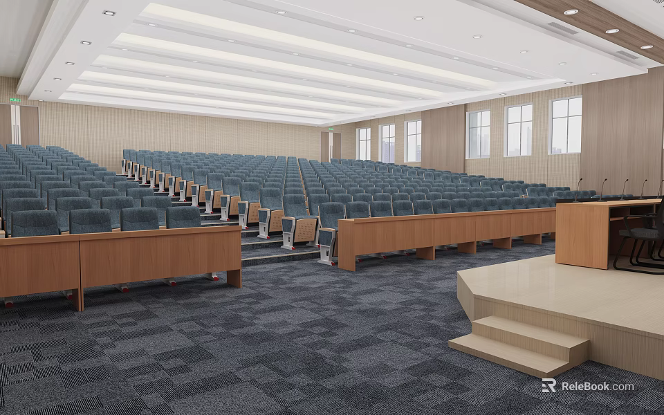 School Auditorium With Blue Seats Wooden Stage Windows Ceiling Lights And Carpeted Floor 3d model 