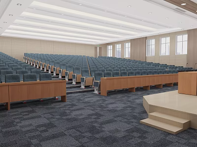 School Auditorium With Blue Seats Wooden Stage Windows Ceiling Lights And Carpeted Floor 3d model