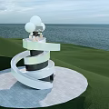 Spiral Black and White Striped Tower with White Spheres Overlooking the Sea on Sunny Day
