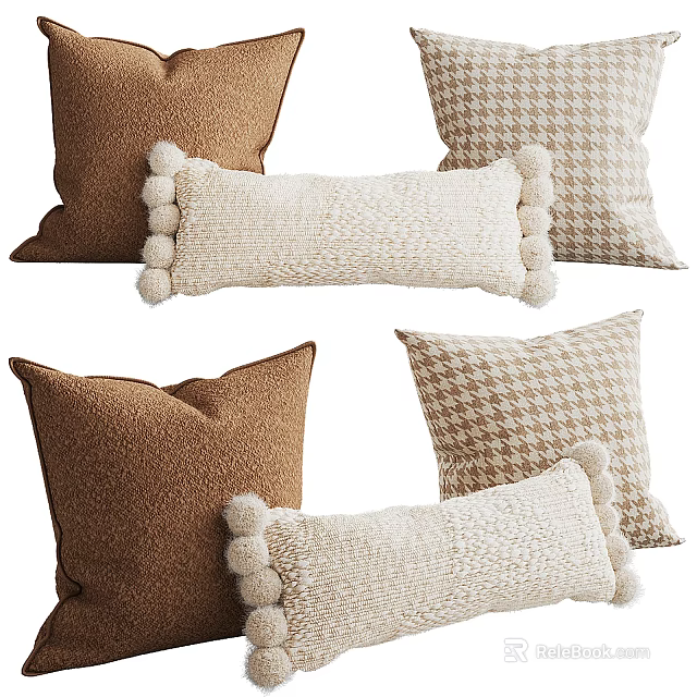 Cozy Decorative Pillows In Brown Beige With Knitted Pom Poms And Houndstooth Pattern 3d model 