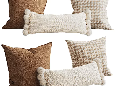 Cozy Decorative Pillows In Brown Beige With Knitted Pom Poms And Houndstooth Pattern 3d model