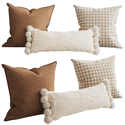 Cozy Decorative Pillows In Brown Beige With Knitted Pom Poms And Houndstooth Pattern 3d model