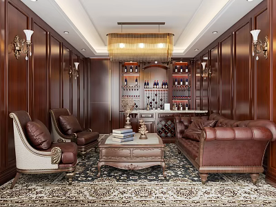Luxury Lounge Interior With Wooden Panel Walls Wall Sconces Chandelier Wine Rack And Leather Sofa 3d model