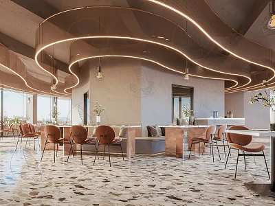 Stylish Modern Restaurant Interior With Curved Ceiling Lights Brown Chairs And Marble Floor 3d model