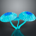 Bioluminescent Blue Mushrooms with Ruffled Edges Deep Blue Centers and Shiny Reflections on Dark Background