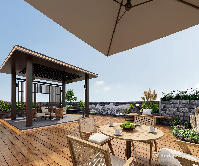Rooftop Garden Landscape With Wooden Deck Gazebo Wicker Furniture Green Plants And Flowers 3d model 