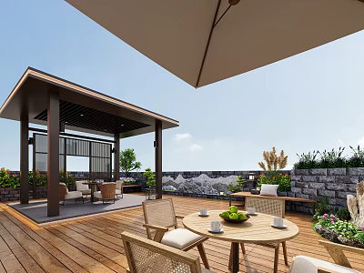 Rooftop Garden Landscape With Wooden Deck Gazebo Wicker Furniture Green Plants And Flowers 3d model