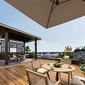 Rooftop Garden Landscape With Wooden Deck Gazebo Wicker Furniture Green Plants And Flowers