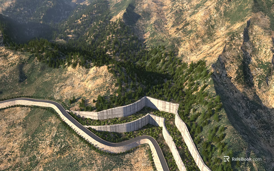 Aerial View Of Winding Great Wall Amidst Mountainous Terrain And Lush Trees 3d model 