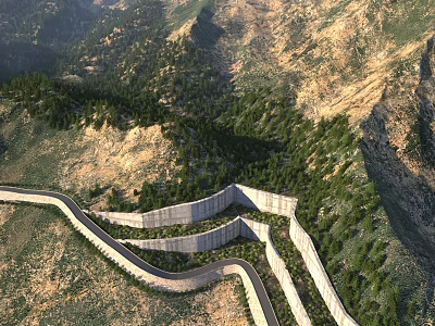 Aerial View Of Winding Great Wall Amidst Mountainous Terrain And Lush Trees 3d model
