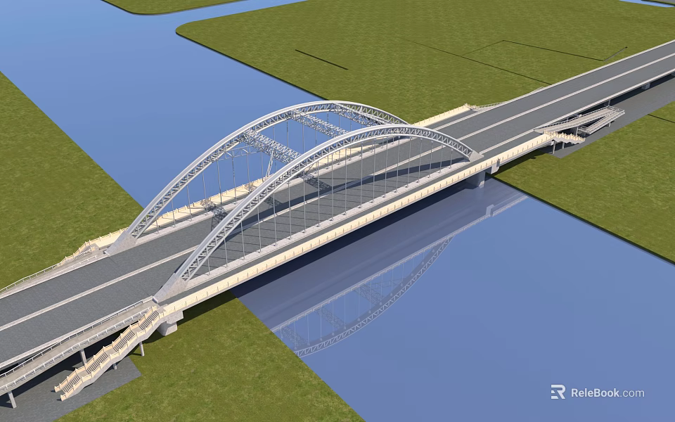 Scenic Modern Arch Bridge Over Water With Green Grass And Road Structure 3d model 