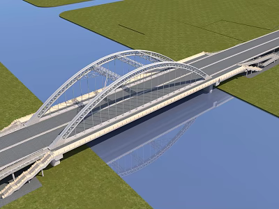 Scenic Modern Arch Bridge Over Water With Green Grass And Road Structure 3d model
