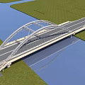 Scenic Modern Arch Bridge Over Water With Green Grass And Road Structure