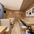 Warm Restaurant Interior With Wooden Elements Blue Signage Open Layout And Seating Area