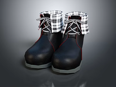 Black Leather Boots with Plaid Cuffs Laces and Red Trim Design 3d model