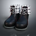 Black Leather Boots with Plaid Cuffs Laces and Red Trim Design