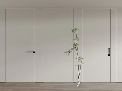 Sleek White Swing Doors Modern Interior Design With Wooden Floor And Green Plant Decoration 3d model
