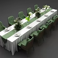 Elegant Dining Table Set With Long White Tablecloth Green Velvet Chairs And Flower Arrangements