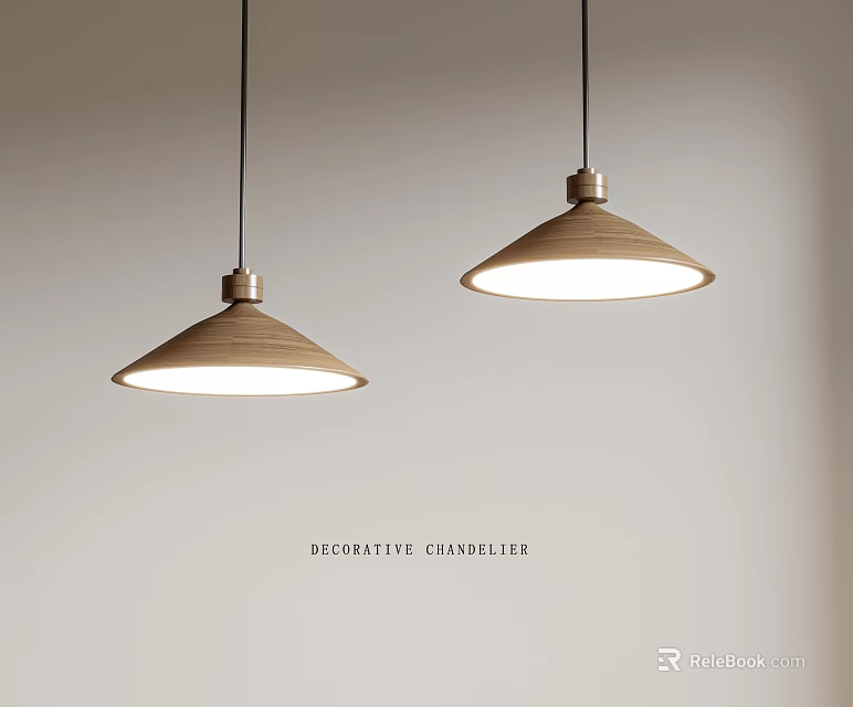 Modern Decorative Chandeliers With Wooden Shades And Metal Bases Illuminating White Interior Space 3d model 