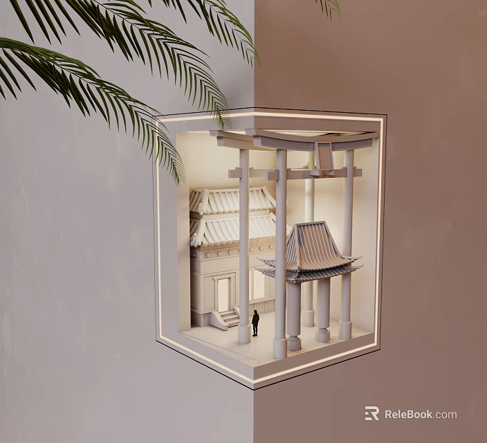 Wall Lamp With Miniature Chinese Architectural Model Columns Roof And Palm Leaves 3d model 