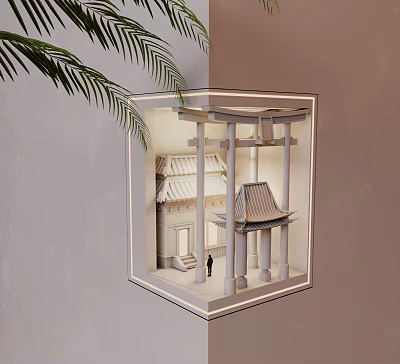 Wall Lamp With Miniature Chinese Architectural Model Columns Roof And Palm Leaves 3d model