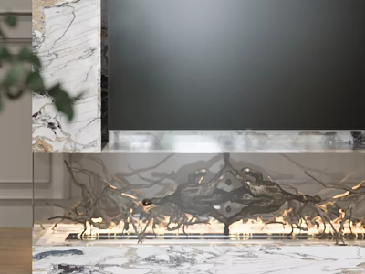 Fireplace With Marble Accent Branch Shaped Metal Structure Flames Large Screen TV And Green Plant 3d model