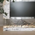 Fireplace With Marble Accent Branch Shaped Metal Structure Flames Large Screen TV And Green Plant