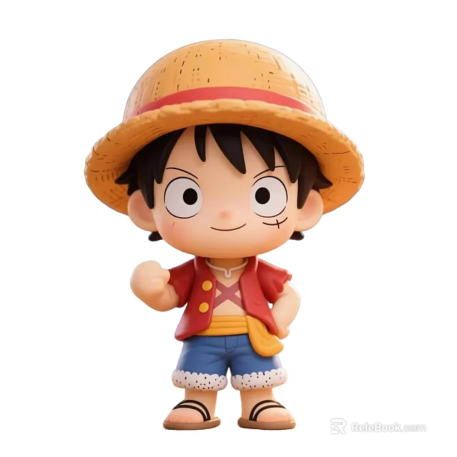 One Piece Anime Character Luffy With Straw Hat Red Shirt And Blue Shorts 3d model 