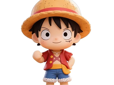 One Piece Anime Character Luffy With Straw Hat Red Shirt And Blue Shorts 3d model