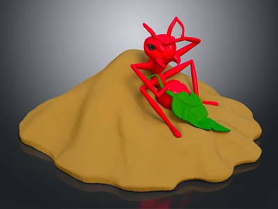 Red Ant Sitting On Sand Pile With Green Leaf Nearby 3d model