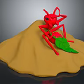 Red Ant Sitting On Sand Pile With Green Leaf Nearby