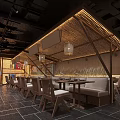 Chinese Restaurant Exterior Design With Wooden Decor Bamboo Curtains Lanterns And Barrel Planters