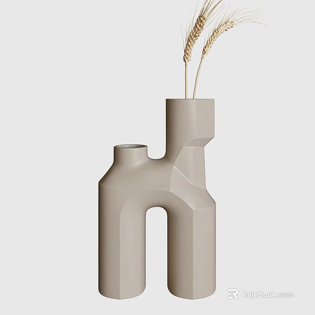 Modern Geometric Light Gray Ceramic Vase With Wheat Stems For Home Decor 3d model 