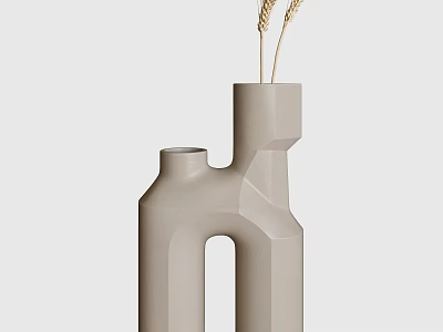 Modern Geometric Light Gray Ceramic Vase With Wheat Stems For Home Decor 3d model