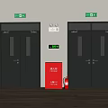 Black Double Doors With Safety Exit Signs And Fire Equipment Cabinet
