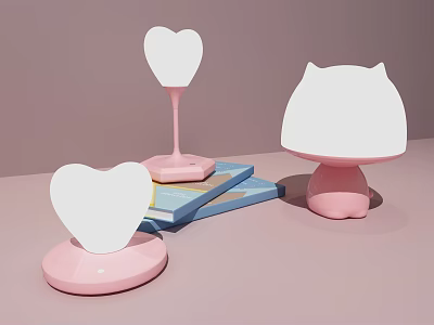 Cute Pink Cat Shaped Table Lamp with Heart Shaped Mirror and Blue Book 3d model